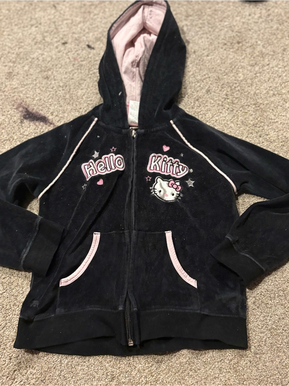 Vintage Sanrio Hello Kitty Girls Black Velour Full Zip Hooded Hoodie L (6)